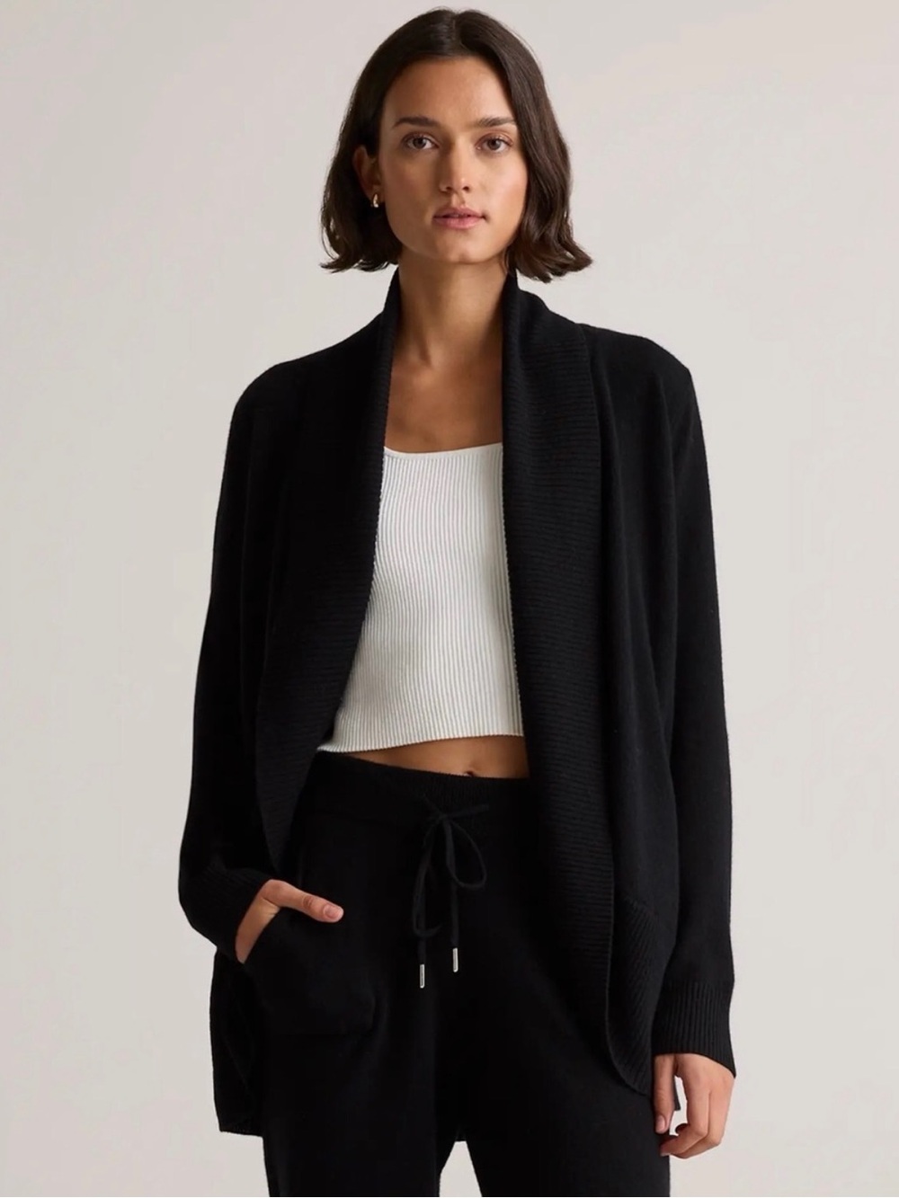 Quince | Cashmere Open Front Draped Cardigan | Black | XS